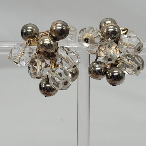 Jewelry - Vintage Cluster Clip-On Earrings With Clear Faceted Beads & Silver-Tone Balls